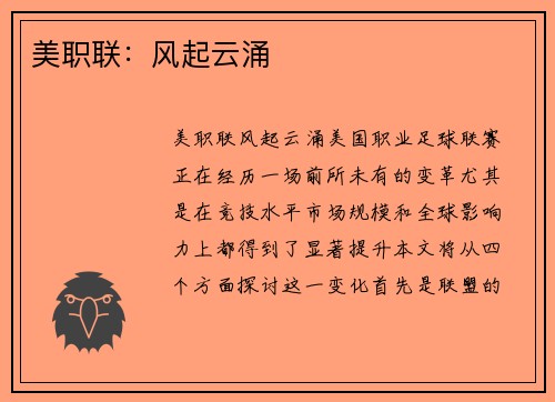 美职联:风起云涌 美职联:风起云涌